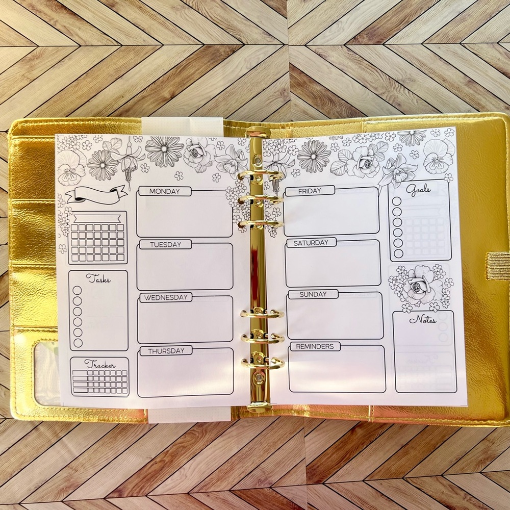 A5 Planner Binder inserts Non- dated Agenda 6-Ring weekly layout flowers
